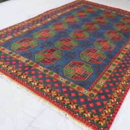 6'4x9'8 Ft Handmade Blue Rug, Afghan Ersari Tribal Veg Dyes Wool Area High Pile Soft Carpet, Oriental Turkmen Living Room Rug - thumbnail 3