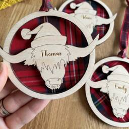 Personalised Highland Cow Christmas Ornament Tartan Wooden Baubles, With Name Engraved - thumbnail 2