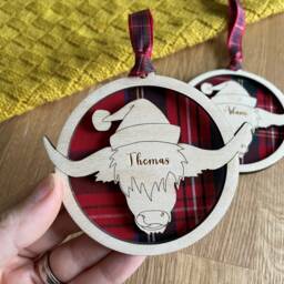Personalised Highland Cow Christmas Ornament Tartan Wooden Baubles, With Name Engraved - thumbnail 3