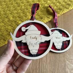 Personalised Highland Cow Christmas Ornament Tartan Wooden Baubles, With Name Engraved - thumbnail 1