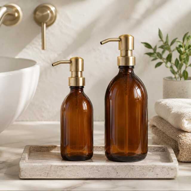 Refillable Brown Glass Soap Dispenser Bottles/Antique Brass Effect Metal Pump Bathroom Accessory For Shampoo, Body Wash, Conditioner - image 1