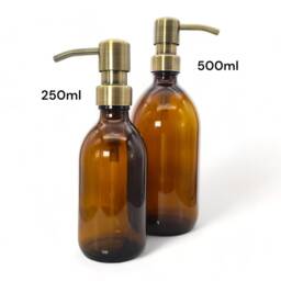 Refillable Brown Glass Soap Dispenser Bottles/Antique Brass Effect Metal Pump Bathroom Accessory For Shampoo, Body Wash, Conditioner - thumbnail 3