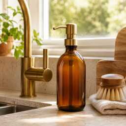 Refillable Brown Glass Soap Dispenser Bottles/Antique Brass Effect Metal Pump Bathroom Accessory For Shampoo, Body Wash, Conditioner - thumbnail 4