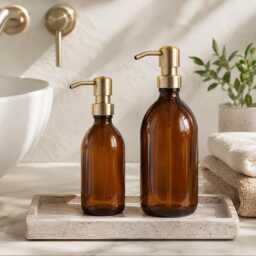 Refillable Brown Glass Soap Dispenser Bottles/Antique Brass Effect Metal Pump Bathroom Accessory For Shampoo, Body Wash, Conditioner - thumbnail 1