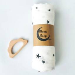Organic Bamboo Grey Star Muslin Baby Swaddle Blanket & Cloud Wooden Toy Gift Set