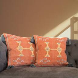 Moroccan Cactus Cushion Cover With Grey Tassels 18x18 ~ Burnt Orange Rust Pillow Handwoven Cotton Decorative Australia 45cm - thumbnail 2