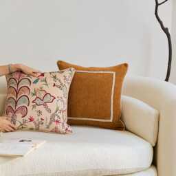 Botanical Velvet Pillow Cover, French Country Floral Chenille Cushion - thumbnail 1