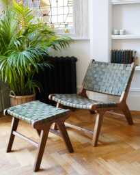 Introductory Offer Sage Green Luxury Leather & Walnut Wood Woven Lounge Chair, Accent Handmade Armchair, Woven Leather