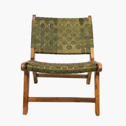 New Special Price Sage Green Luxury Leather & Walnut Wood Woven Lounge Chair, Accent Handmade Armchair, Woven Leather - thumbnail 2