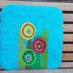 Handfelted Seat Cushion With Big Flowers, Petrol + Turquoise - thumbnail 2