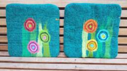 Handfelted Seat Cushion With Big Flowers, Petrol + Turquoise