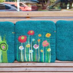 Handfelted Seat Cushion With Big Flowers, Petrol + Turquoise - thumbnail 3