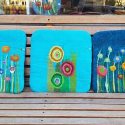 Handfelted Seat Cushion With Big Flowers, Petrol + Turquoise - thumbnail 4