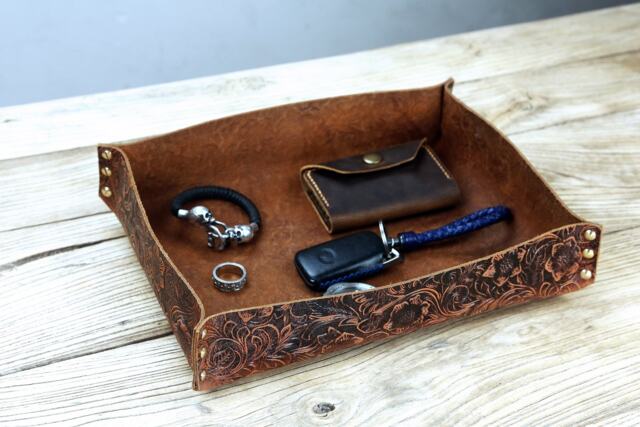 Personalized Large Black Gray Leather Tray , Blue Green Desk Organizer Tooled Caddy 3Th Anniversary Gift Ltxxcf - image 1
