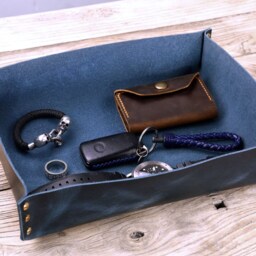 Personalized Large Black Gray Leather Tray , Blue Green Desk Organizer Tooled Caddy 3Th Anniversary Gift Ltxxcf - thumbnail 2