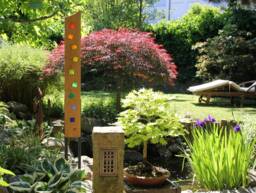 Garden Sculpture Made Of Wood & Glass. A Unique, Handmade, Weatherproof Garden Decoration