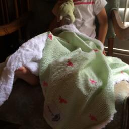 "Preppy Lime Seersucker & Embroidered Pink Flamingo Baby Blanket ""Barbie B" - thumbnail 2