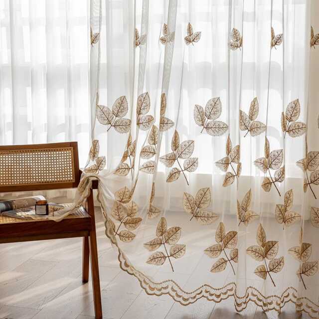 Maple Leaf Embroidered Sheer Curtain Custom Voile Net Curtains - image 1
