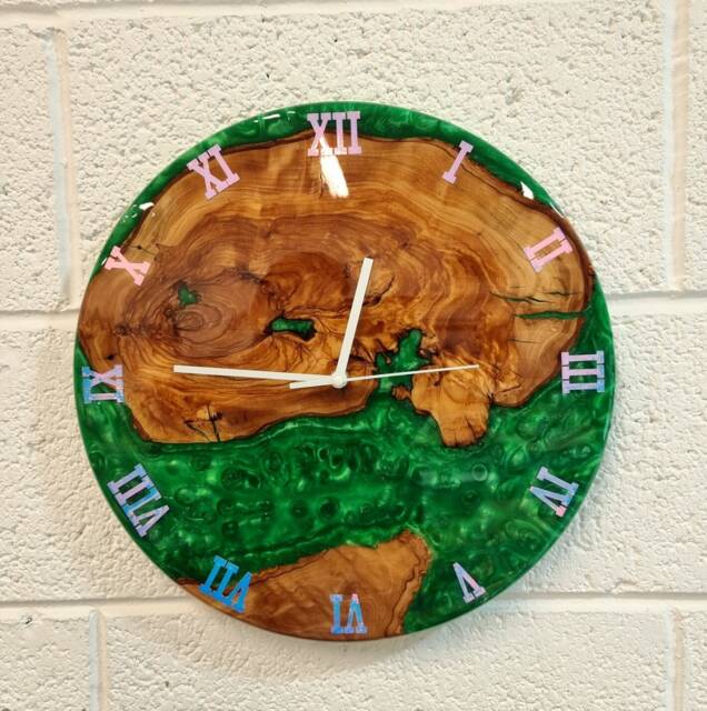 Resin & Wood Wall Clocks, Live Edge Olive Wood Epoxy & Clock