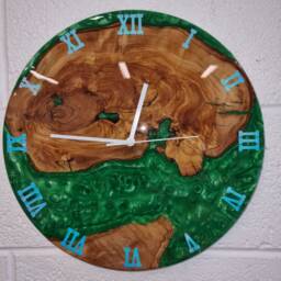 Resin & Wood Wall Clocks, Live Edge Olive Wood Epoxy & Clock - thumbnail 3