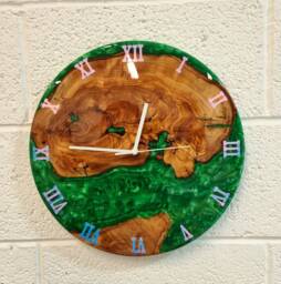Resin & Wood Wall Clocks, Live Edge Olive Wood Epoxy & Clock - thumbnail 1