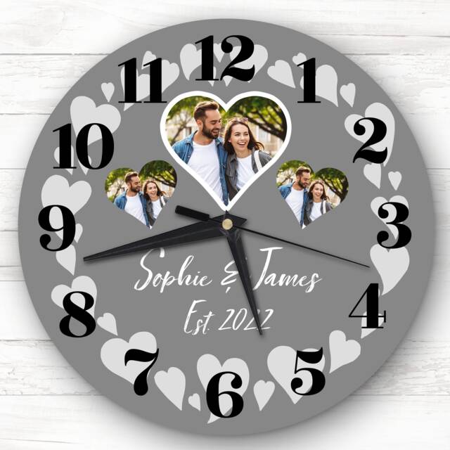 Couple Photo Grey Valentine's Day Gift Birthday Anniversary Personalised Clock - image 1