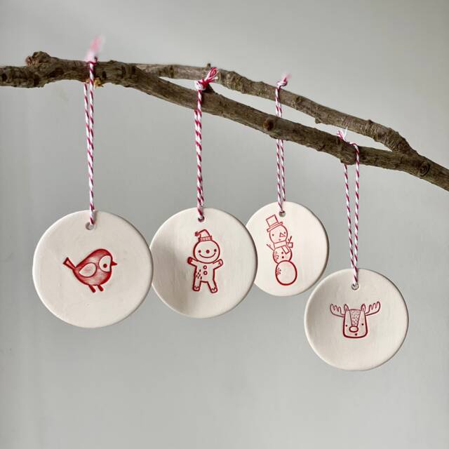 Handmade Ceramic Christmas Ornaments Bird, Snowman, Reindeer, Gingerbread - Set Of 4 - image 1
