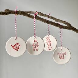 Handmade Ceramic Christmas Ornaments Bird, Snowman, Reindeer, Gingerbread - Set Of 4 - thumbnail 1