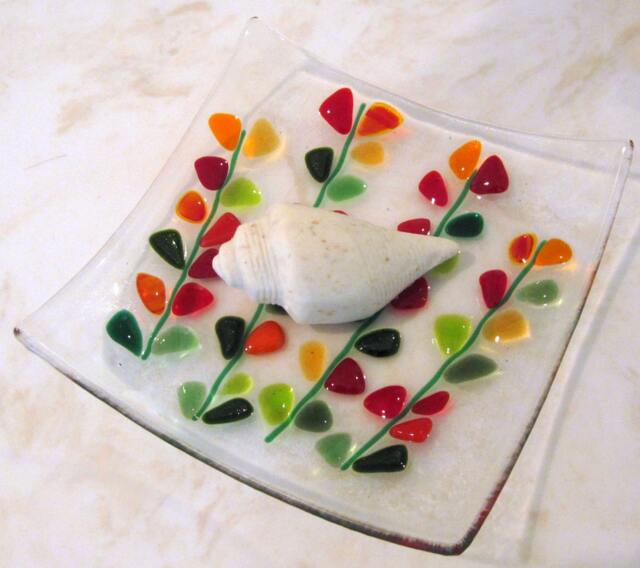 Fused Glass Soap Dish, Blooming Branches Shakuf Design, Red & Green - image 1