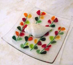 Fused Glass Soap Dish, Blooming Branches Shakuf Design, Red & Green - thumbnail 1