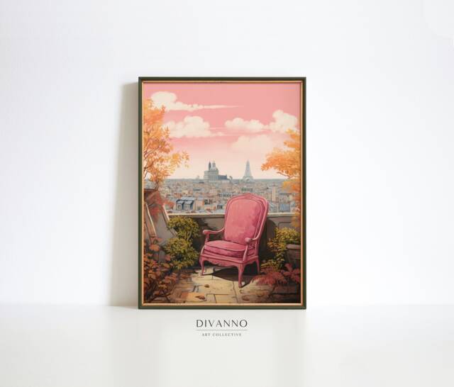 Cityscape Landscape Print, Balcony View Digital Art Painting, Pink Sky Wall Art, Contemporary Printable Gift Canvas, Retro Urban Decor - image 1