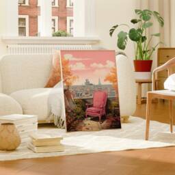 Cityscape Landscape Print, Balcony View Digital Art Painting, Pink Sky Wall Art, Contemporary Printable Gift Canvas, Retro Urban Decor - thumbnail 2