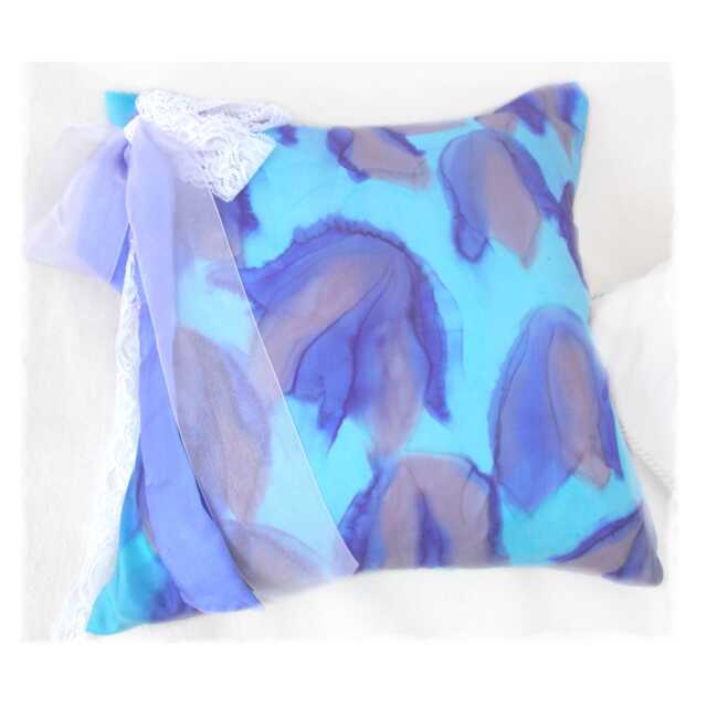 Silk Cushion Cover Abstract Clematis, Turquoise Blue, Ribbons & Lace - image 1