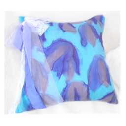 Silk Cushion Cover Abstract Floral. Turquoise, Blue, Mauve. Ribbons & Lace. Wedding Gift
