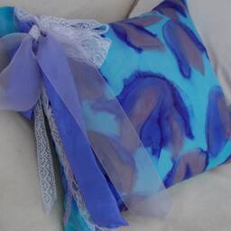 Silk Cushion Cover Abstract Clematis, Turquoise Blue, Ribbons & Lace - thumbnail 2