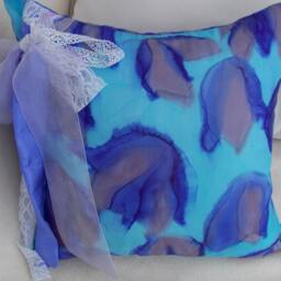 Silk Cushion Cover Abstract Clematis, Turquoise Blue, Ribbons & Lace - thumbnail 3