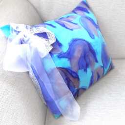 Silk Cushion Cover Abstract Floral. Turquoise, Blue, Mauve. Ribbons & Lace. Wedding Gift - thumbnail 4