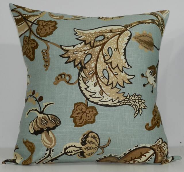 New 18x18 Inch Designer Handmade Pillow Case in Blue & Brown Floral Linen