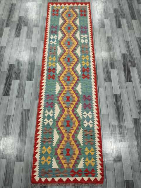 Classic Runner Rug, Handmade Artisan Afghan Turkish, Scandinavian, Navajo, Bohemian, Wool Flatweave Multicolour Kilim Rug 300x80 cm - image 1