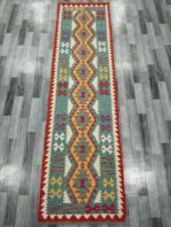 Classic Runner Rug, Handmade Artisan Afghan Turkish, Scandinavian, Navajo, Bohemian, Wool Flatweave Multicolour Kilim Rug 300x80 cm - thumbnail 1