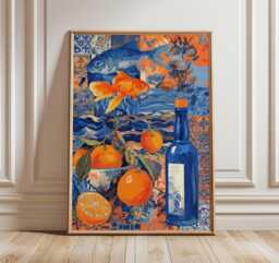 Mediterranean Art Print, Blue & Orange Still Life Poster, Surreal Coastal Wall With Oranges Fish For Kitchen Or Dining Room - thumbnail 1