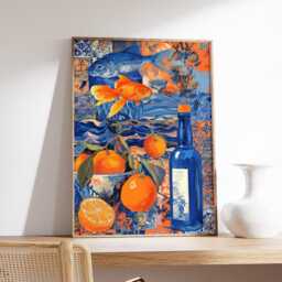 Mediterranean Art Print, Blue & Orange Still Life Poster, Surreal Coastal Wall With Oranges Fish For Kitchen Or Dining Room - thumbnail 2