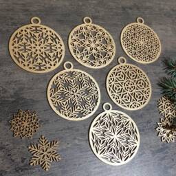 Christmas Baubles 3 in Or 4 Wood Snowflake Wood Ornaments 12 Pack Style Mix Set Tree Decor - thumbnail 3