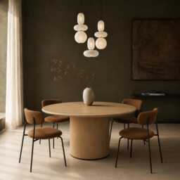 Round Oak Dining Table, Solid Pedestal Modern Scandinavian Design
