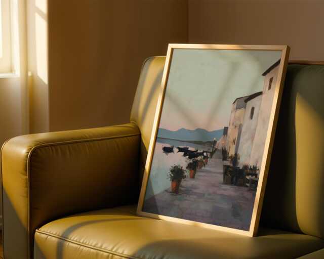 Mediterranean Harbour Wall Art Print Coastal Town Sunset - Seaside Promenade Poster - image 1