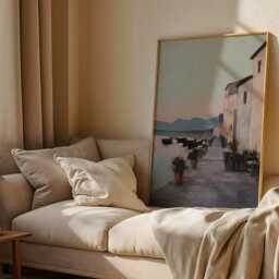 Mediterranean Harbour Wall Art Print Coastal Town Sunset - Seaside Promenade Poster - thumbnail 2