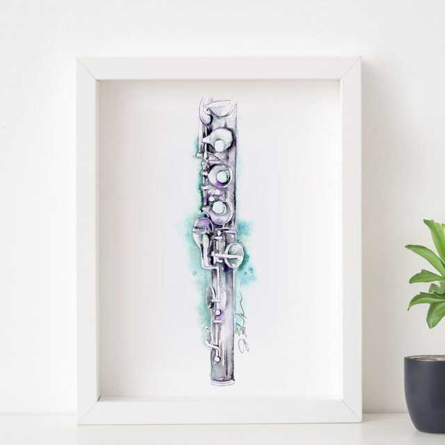 Curved Alto Flute Print Cascade Green Musical Instrument Art - image 1