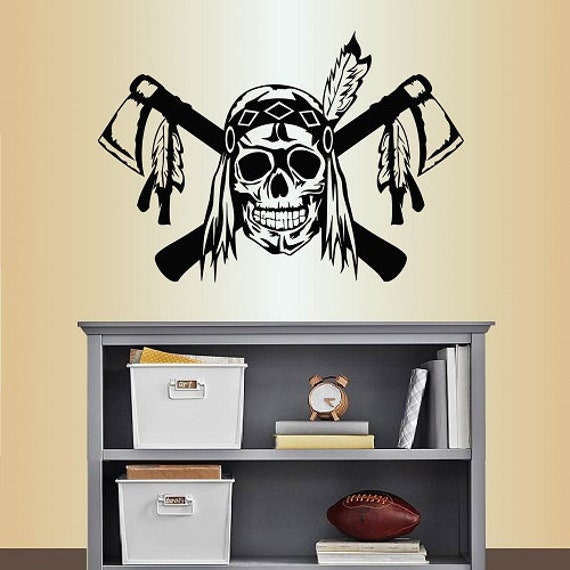 In-Style Decals Wall Vinyl Decal Art Sticker Scary Indian Skull Tomahawk Feathers Removable Mural Unique Design For Any Room 76 - image 1