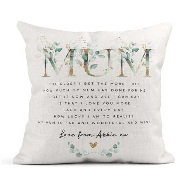 Personalised Cushion For Mum, Poem Floral, Eucalyptus, Linen Cushion, Gift Birthday Gift, Christmas - image 1