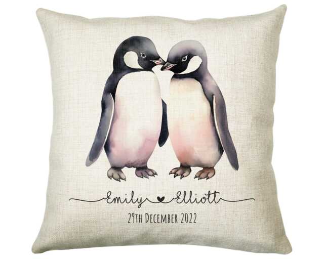 Personalised 2nd Anniversary Penguin Cotton Gift Cushion Two Years Custom Design Valentines Present - Wedding Pillow Sv0027 - image 1